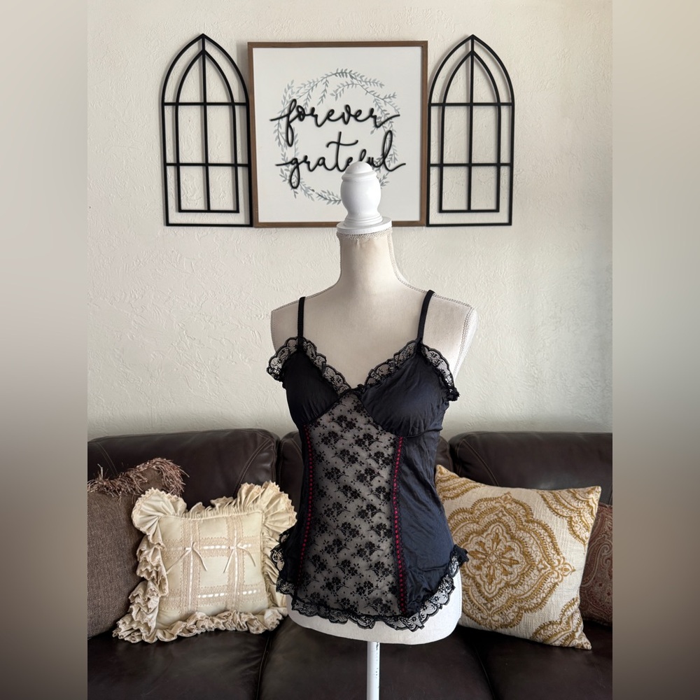 Vintage Nan Flower Floral Black Lace & Red Ribbon Camisole Top Size M - Picture 2 of 11